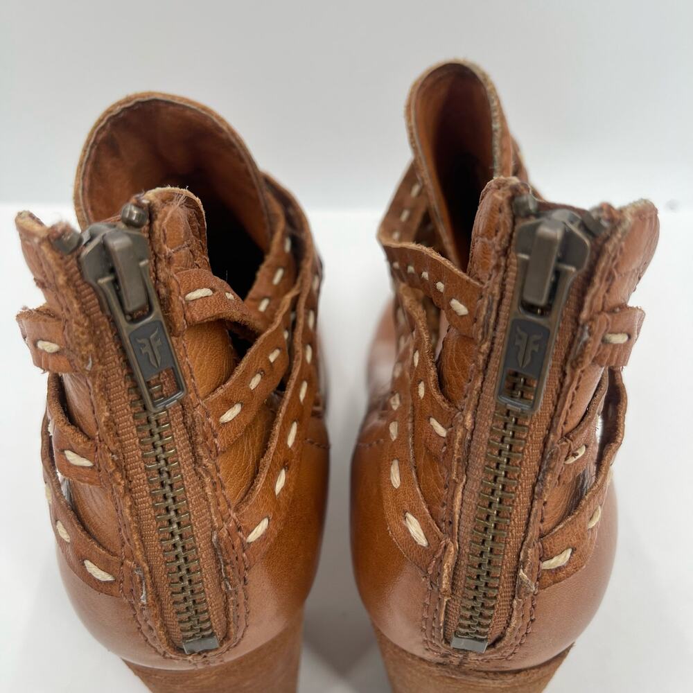 FRYE Boots Size 7.5 Naomi Pickstitch Brown Block Heeled Leather Bootie Zipper - Picture 9 of 16